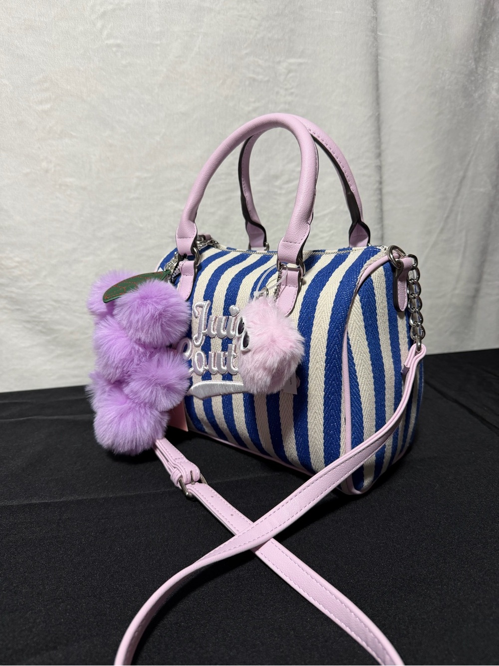 Juicy Couture Blue & White Striped Mini Satchel with Pink Trim